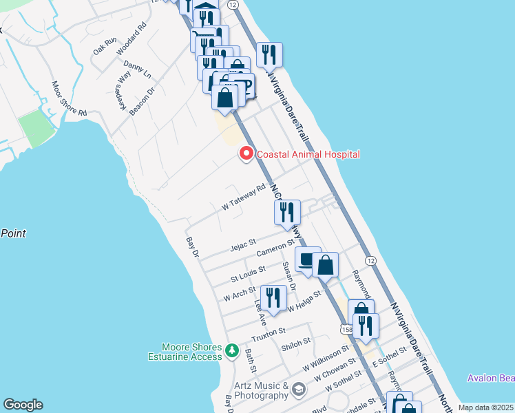 map of restaurants, bars, coffee shops, grocery stores, and more near 111 Sunrise View in Kitty Hawk