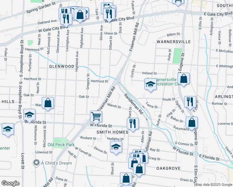 map of restaurants, bars, coffee shops, grocery stores, and more near 1101-1599 Freeman Mill Road in Greensboro