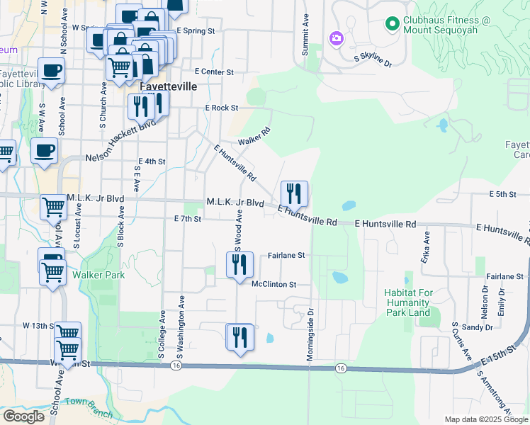 map of restaurants, bars, coffee shops, grocery stores, and more near 501-599 East Miracle Drive in Fayetteville