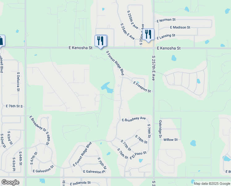 map of restaurants, bars, coffee shops, grocery stores, and more near 400 South Forest Ridge Boulevard in Broken Arrow