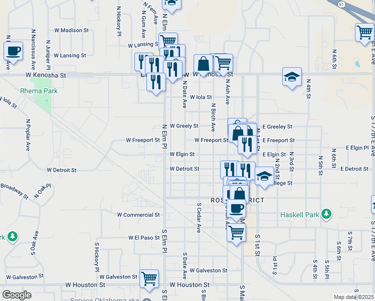 map of restaurants, bars, coffee shops, grocery stores, and more near 408 North Date Avenue in Broken Arrow