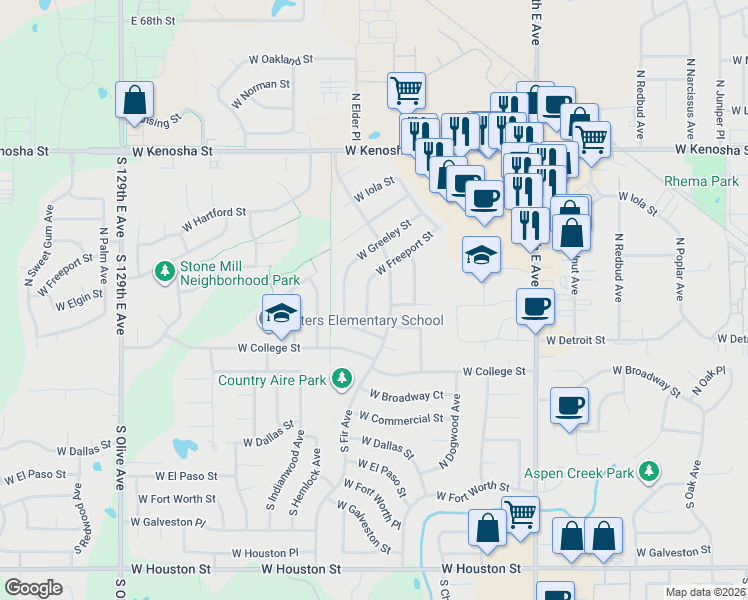 map of restaurants, bars, coffee shops, grocery stores, and more near 312 North Fir Place in Broken Arrow
