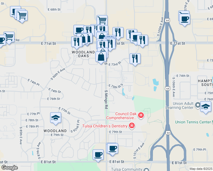 map of restaurants, bars, coffee shops, grocery stores, and more near 7321 South Mingo Road in Tulsa