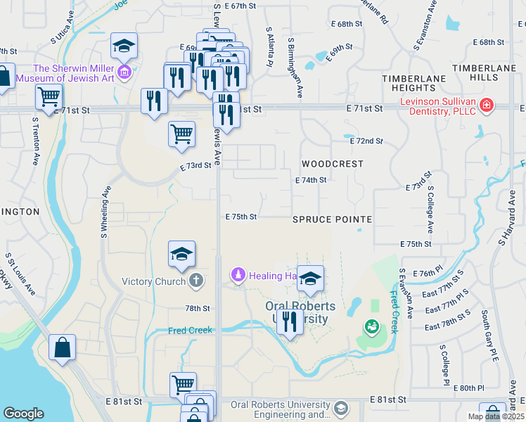 map of restaurants, bars, coffee shops, grocery stores, and more near 7445 South Atlanta Avenue in Tulsa