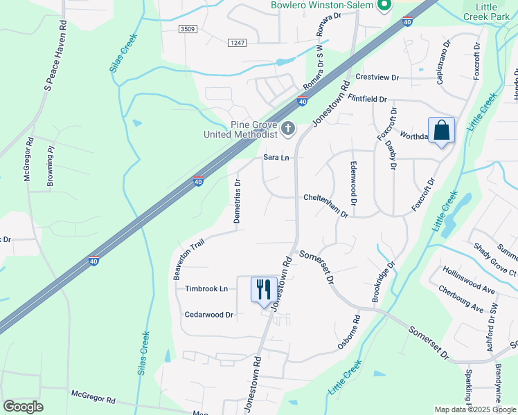 map of restaurants, bars, coffee shops, grocery stores, and more near 1212 Bucklebury Court in Winston-Salem