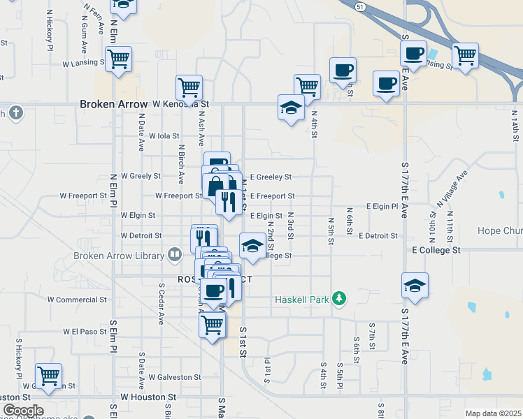 map of restaurants, bars, coffee shops, grocery stores, and more near 224 East Elgin Street in Broken Arrow