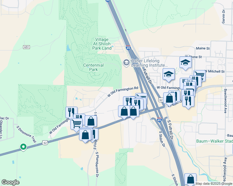 map of restaurants, bars, coffee shops, grocery stores, and more near 2771 West Old Farmington Road in Fayetteville