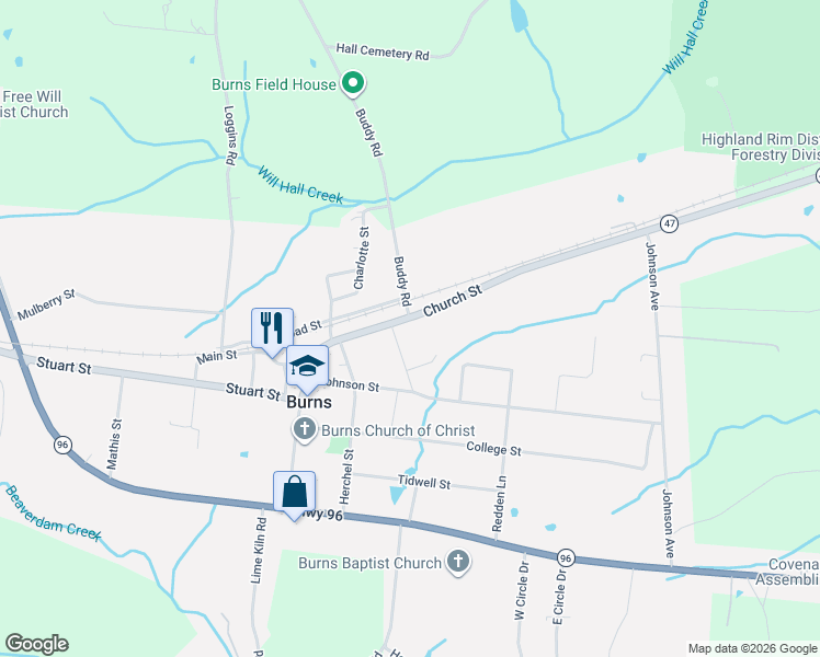 map of restaurants, bars, coffee shops, grocery stores, and more near 3300 Church St in Burns