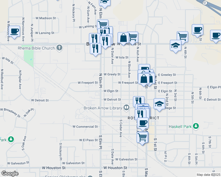 map of restaurants, bars, coffee shops, grocery stores, and more near 408 North Date Avenue in Broken Arrow