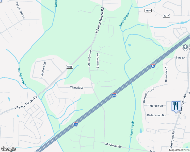map of restaurants, bars, coffee shops, grocery stores, and more near 657 McGregor Road in Winston-Salem