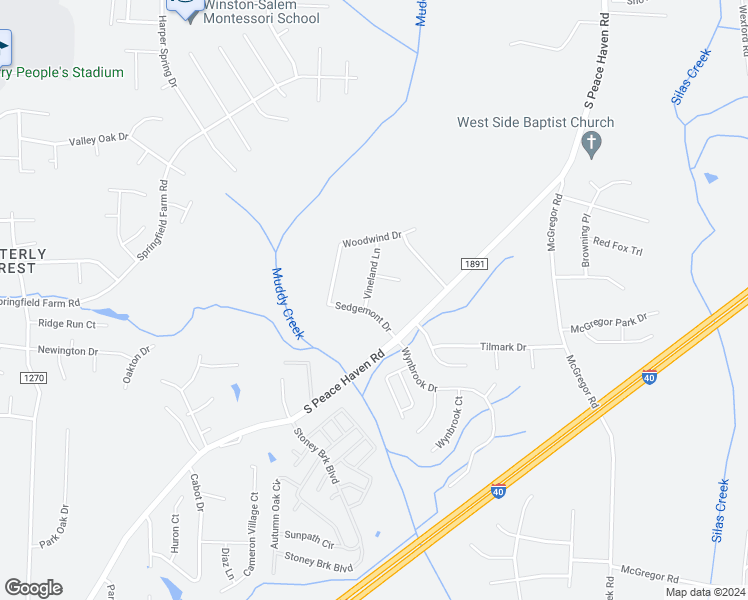 map of restaurants, bars, coffee shops, grocery stores, and more near 2255 Vineland Lane in Winston-Salem