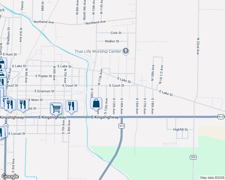 map of restaurants, bars, coffee shops, grocery stores, and more near 105 South 13th Avenue in Paragould