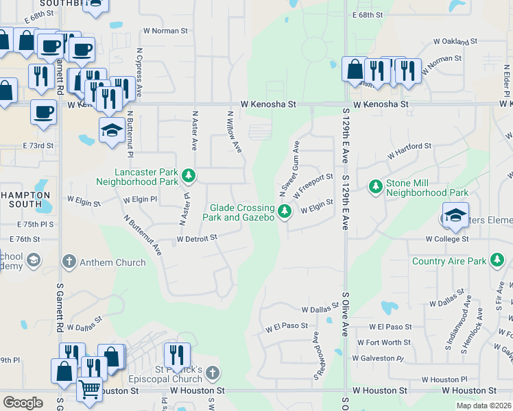 map of restaurants, bars, coffee shops, grocery stores, and more near 408 North Sweet Gum Avenue in Broken Arrow