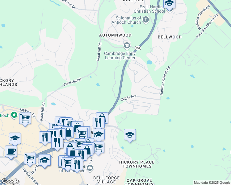 map of restaurants, bars, coffee shops, grocery stores, and more near 727 Bell Road in Nashville