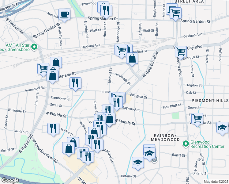 map of restaurants, bars, coffee shops, grocery stores, and more near 2512 Immanuel Road in Greensboro