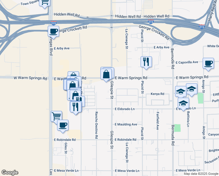 map of restaurants, bars, coffee shops, grocery stores, and more near 163 East Warm Springs Road in Las Vegas
