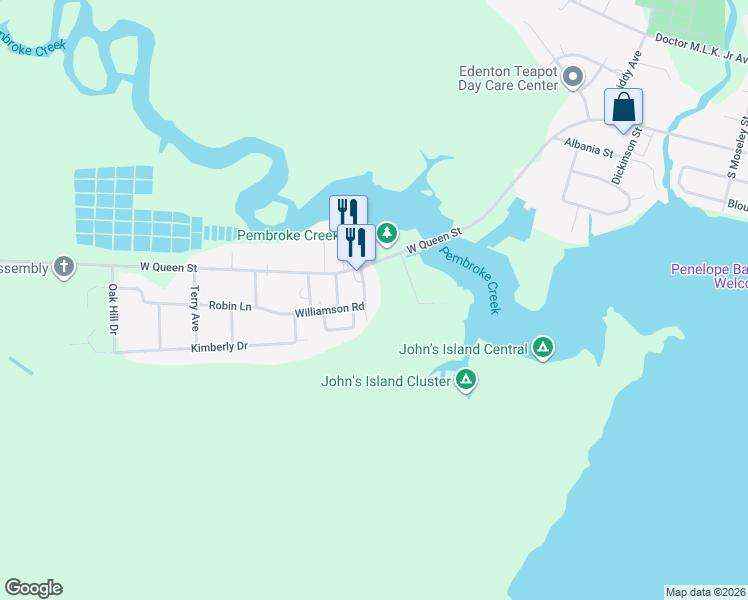 map of restaurants, bars, coffee shops, grocery stores, and more near 113 Leigh Street in Edenton