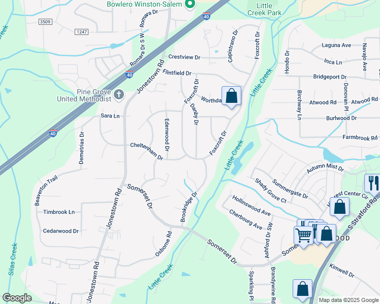 map of restaurants, bars, coffee shops, grocery stores, and more near 233 Foxcroft Drive in Winston-Salem