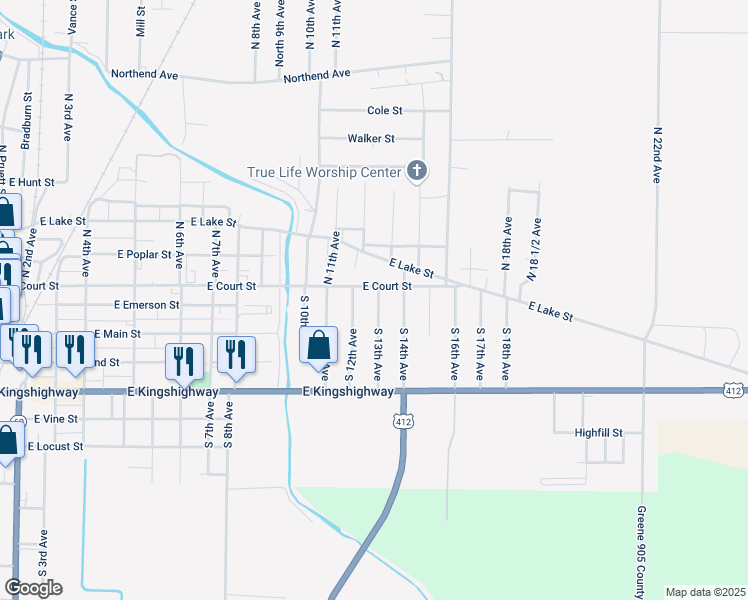 map of restaurants, bars, coffee shops, grocery stores, and more near 105 South 13th Avenue in Paragould