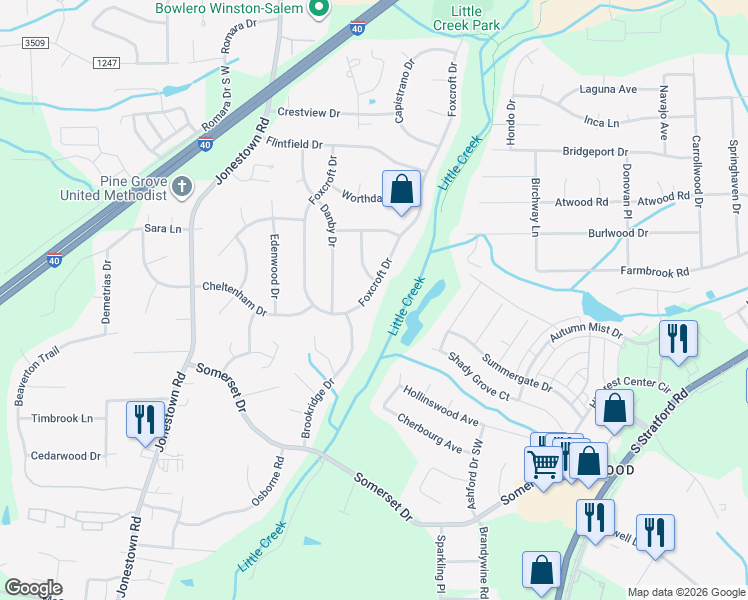 map of restaurants, bars, coffee shops, grocery stores, and more near 305 Foxcroft Drive in Winston-Salem