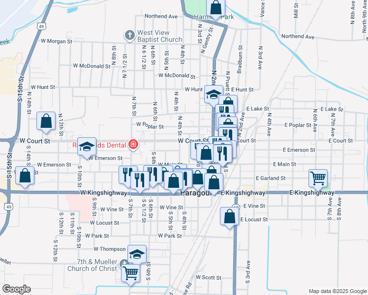 map of restaurants, bars, coffee shops, grocery stores, and more near 320 West Court Street in Paragould