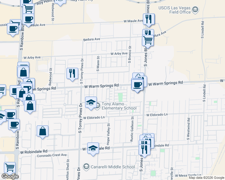 map of restaurants, bars, coffee shops, grocery stores, and more near 6306 Petron Court in Las Vegas