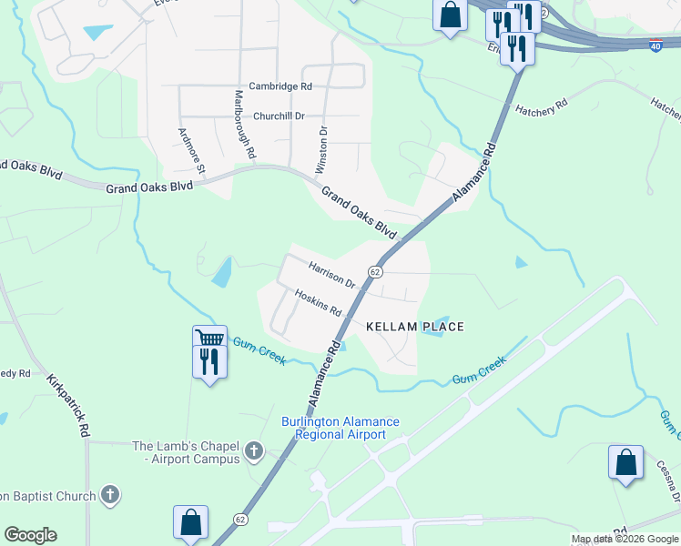 map of restaurants, bars, coffee shops, grocery stores, and more near 3163 Alamance Road in Burlington
