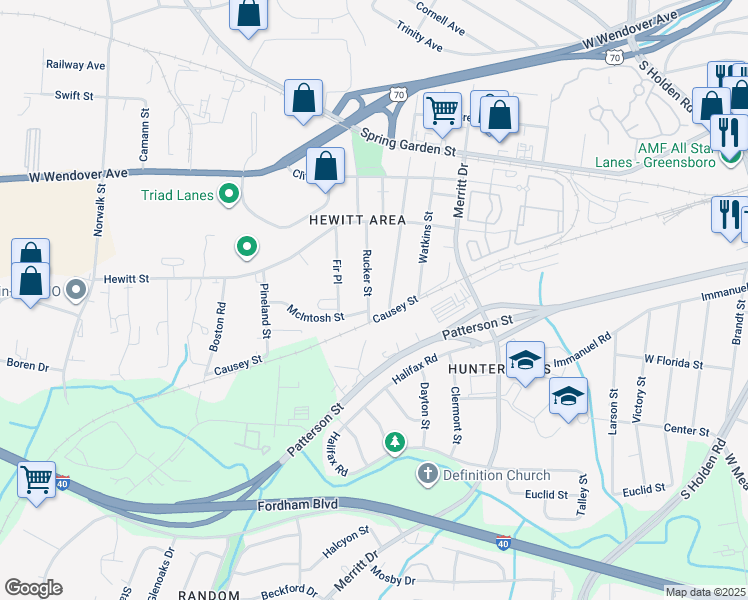 map of restaurants, bars, coffee shops, grocery stores, and more near 1015 Rucker Street in Greensboro