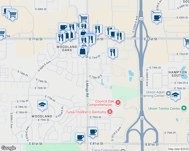 map of restaurants, bars, coffee shops, grocery stores, and more near 9713 East 75th Street in Tulsa