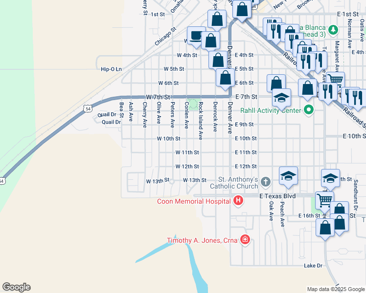 map of restaurants, bars, coffee shops, grocery stores, and more near 1021 Peters Avenue in Dalhart