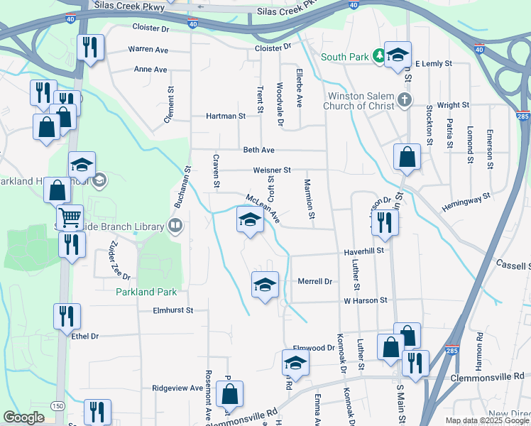 map of restaurants, bars, coffee shops, grocery stores, and more near 500 McLean Avenue in Winston-Salem