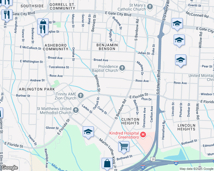 map of restaurants, bars, coffee shops, grocery stores, and more near 6 Stephens Street in Greensboro