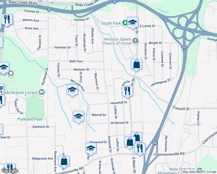 map of restaurants, bars, coffee shops, grocery stores, and more near 3110 Luther Street in Winston-Salem