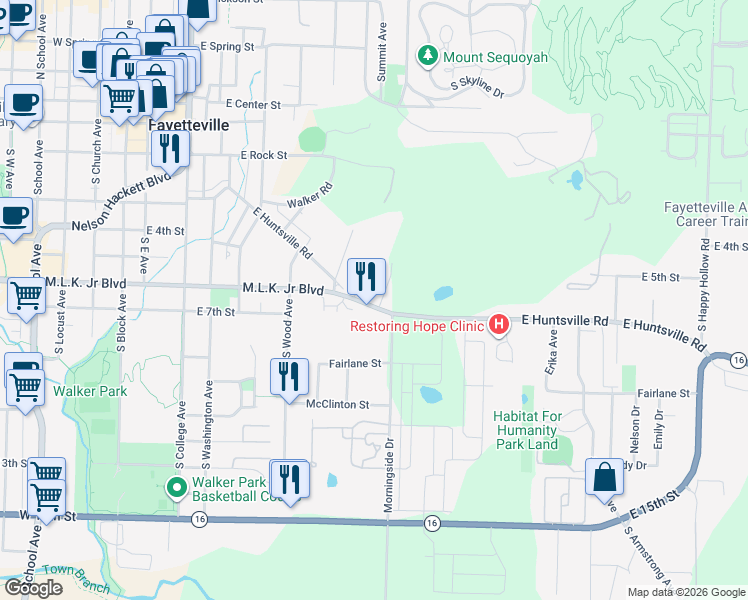 map of restaurants, bars, coffee shops, grocery stores, and more near 649 Martin Luther King Junior Boulevard in Fayetteville