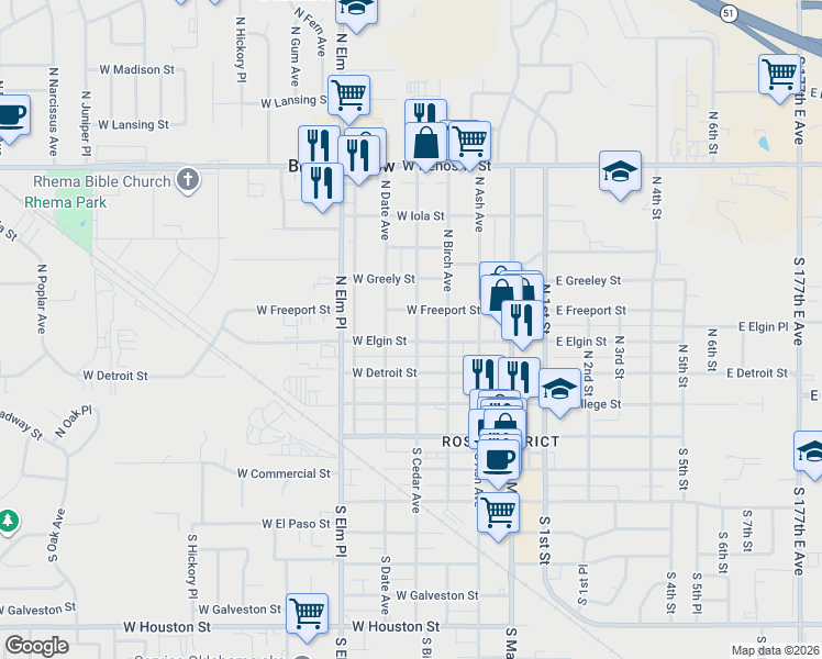 map of restaurants, bars, coffee shops, grocery stores, and more near 400 North Cedar Avenue in Broken Arrow