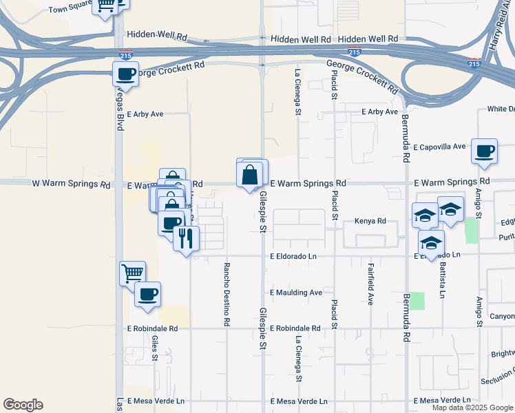 map of restaurants, bars, coffee shops, grocery stores, and more near 163 East Warm Springs Road in Las Vegas