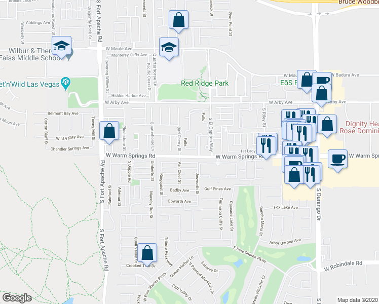 map of restaurants, bars, coffee shops, grocery stores, and more near 9050 West Warm Springs Road in Las Vegas