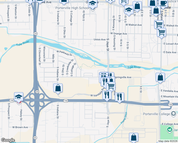 map of restaurants, bars, coffee shops, grocery stores, and more near 550 West Springville Avenue in Porterville