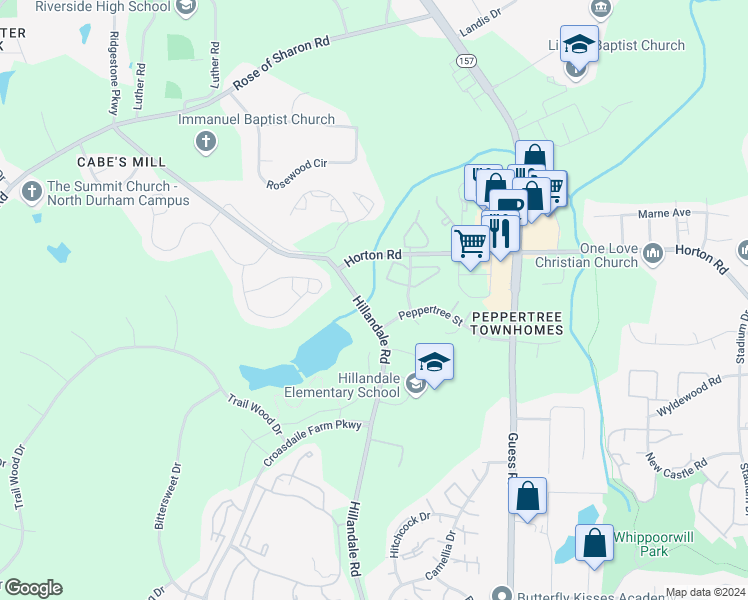 map of restaurants, bars, coffee shops, grocery stores, and more near 3012 Hillandale Road in Durham