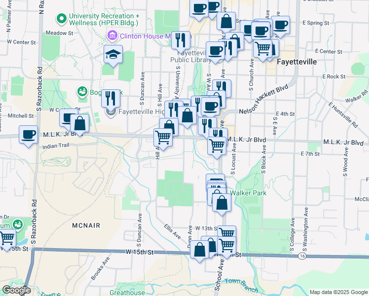 map of restaurants, bars, coffee shops, grocery stores, and more near 700 South Government Avenue in Fayetteville