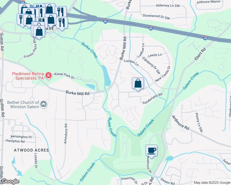 map of restaurants, bars, coffee shops, grocery stores, and more near 132 Rivertree Lane in Winston-Salem