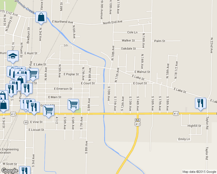 map of restaurants, bars, coffee shops, grocery stores, and more near 106 South 10th Avenue in Paragould