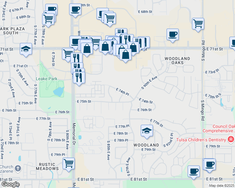 map of restaurants, bars, coffee shops, grocery stores, and more near 7416 South 87th East Avenue South in Tulsa
