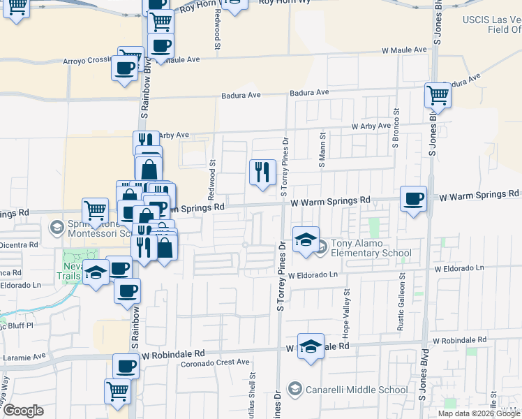 map of restaurants, bars, coffee shops, grocery stores, and more near 6560 West Cotsfield Avenue in Las Vegas