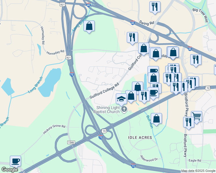 map of restaurants, bars, coffee shops, grocery stores, and more near 5701 Battery Drive in Greensboro