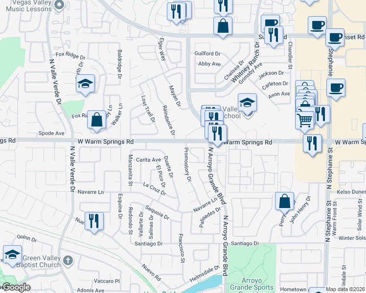 map of restaurants, bars, coffee shops, grocery stores, and more near 399 Promontory Drive in Henderson