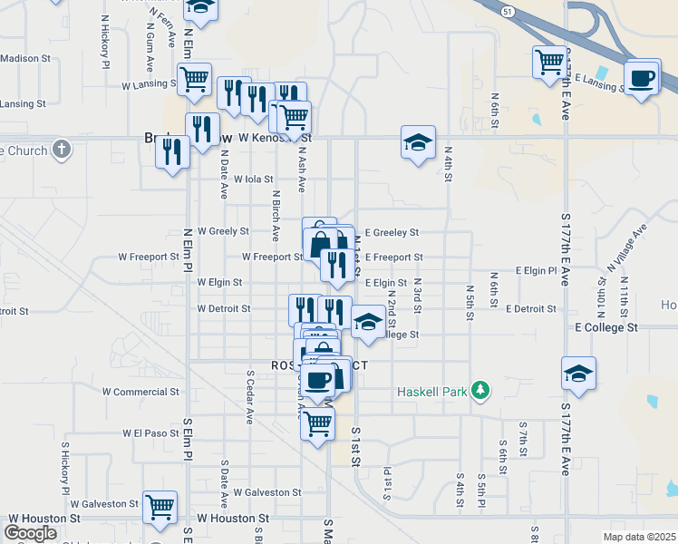 map of restaurants, bars, coffee shops, grocery stores, and more near 114 East Elgin Street in Broken Arrow
