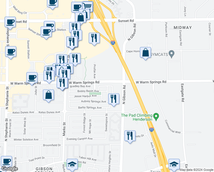 map of restaurants, bars, coffee shops, grocery stores, and more near Fish Pond Avenue in Henderson