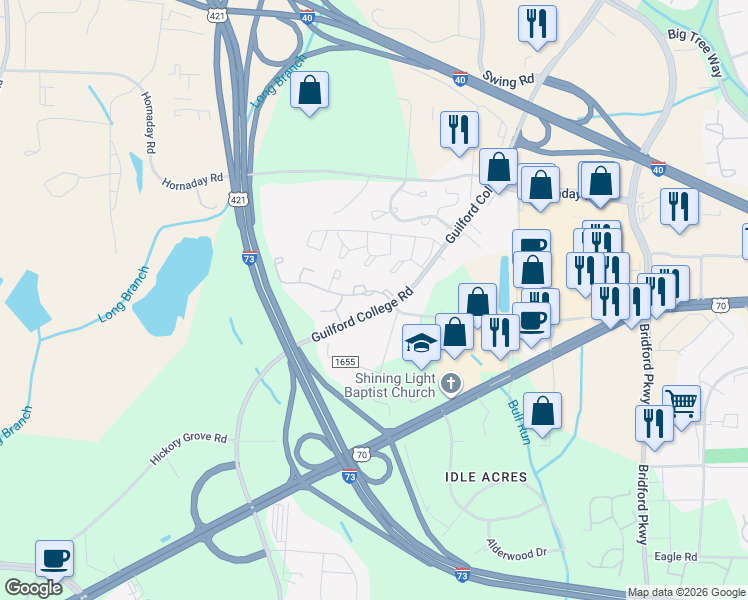 map of restaurants, bars, coffee shops, grocery stores, and more near 5701 Battery Drive in Greensboro