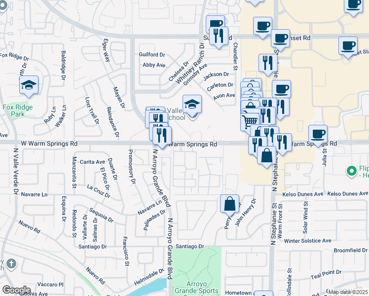 map of restaurants, bars, coffee shops, grocery stores, and more near 1575 West Warm Springs Road in Henderson